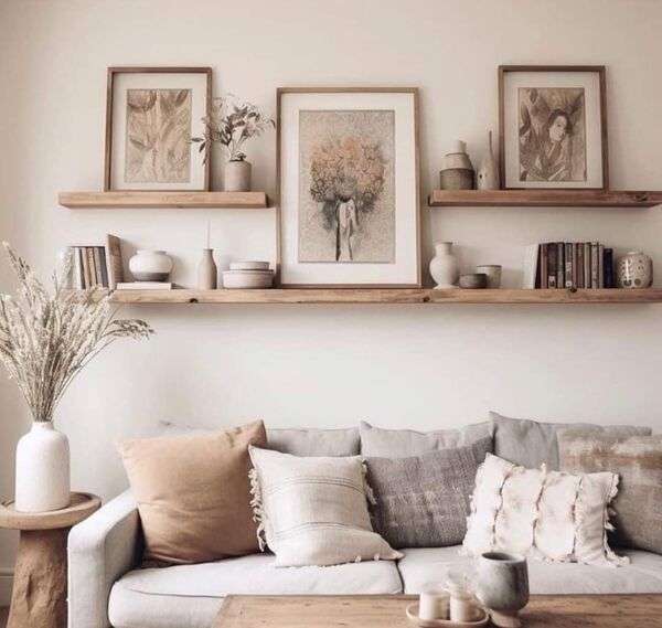 Bright tidy living room with soft natural light and organised shelves